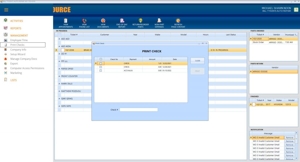 Automatic Check Printing for Incoming Parts Payments