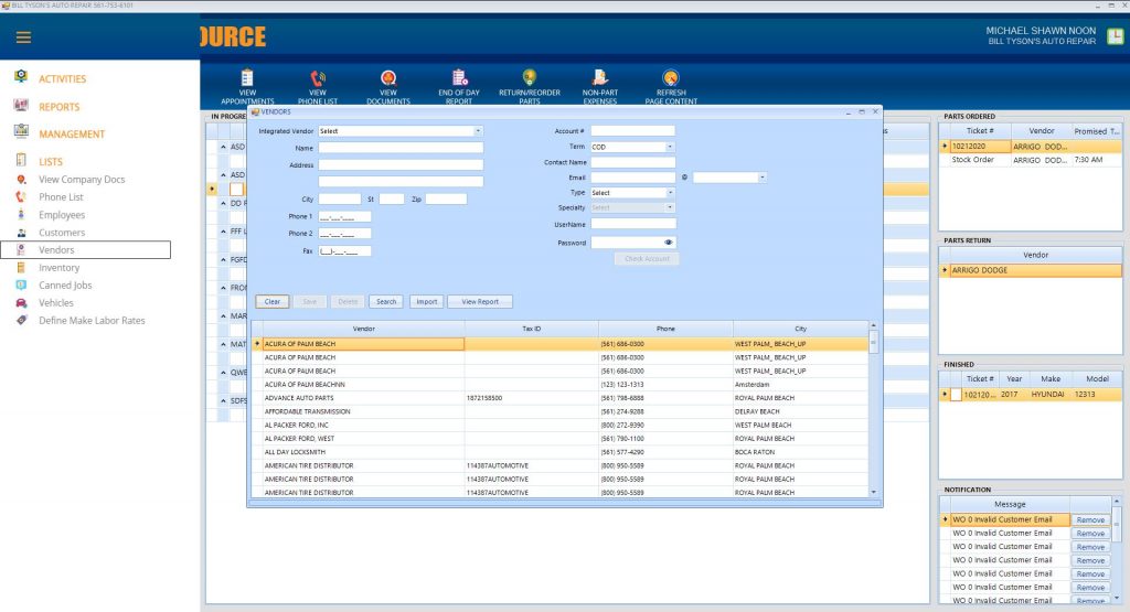 Vendor screens allow for online access to your price matrix, payment terms, and categorization for ease of access of those specialized vendors. 